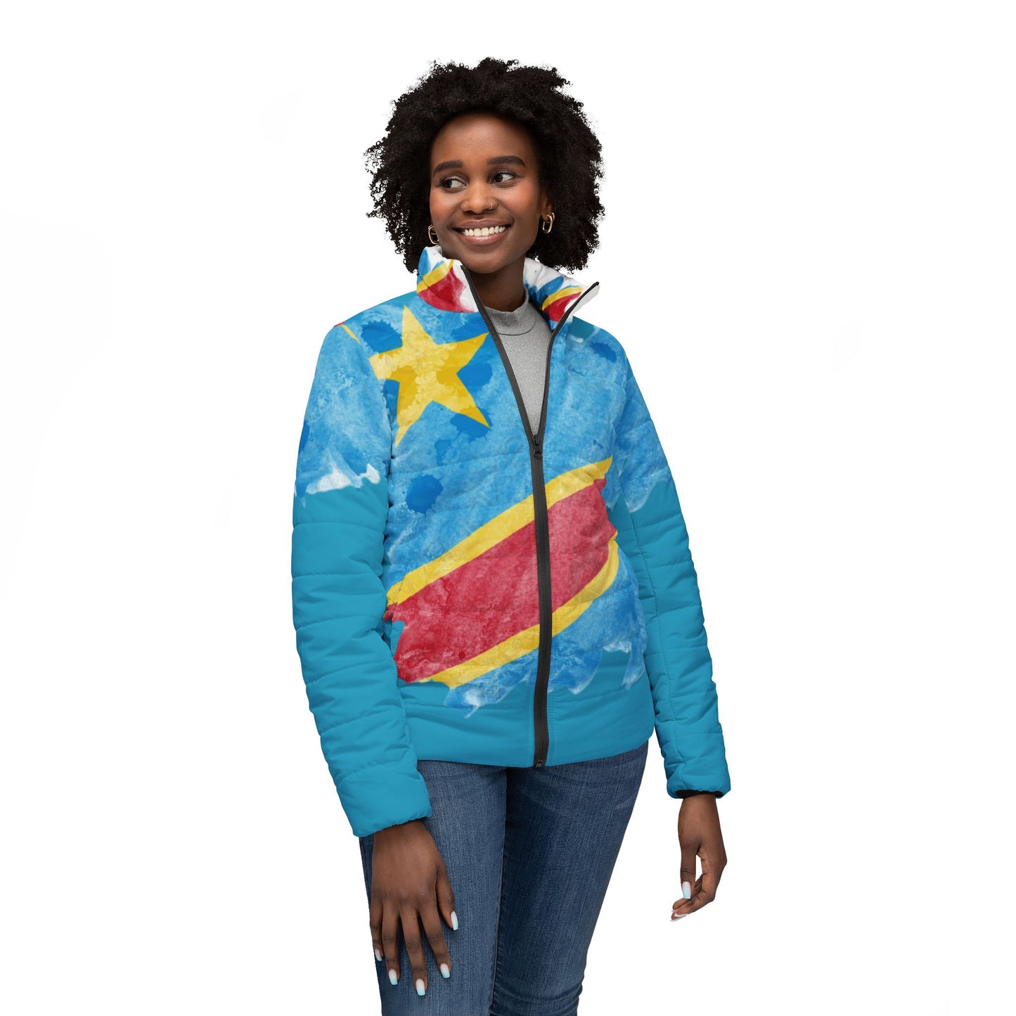 DR Congo Flag Watercolor Women’s Puffer Jacket — African Pride Winter Coat