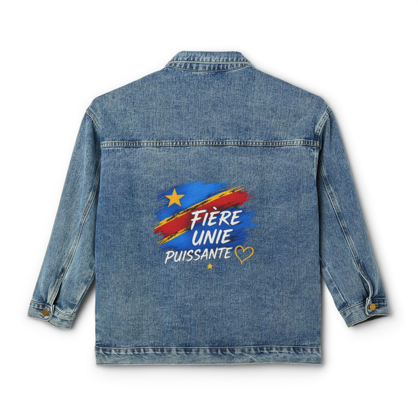 Women's Denim Jacket — "Fière Unie Puissante" Back Graphic (DR Congo Flag Brushstroke)