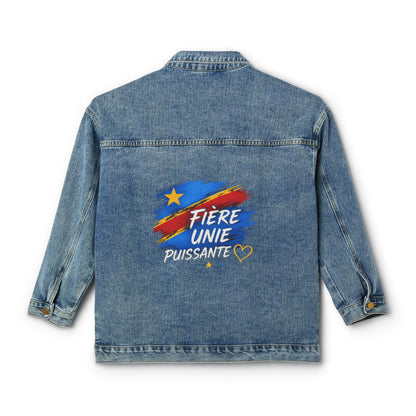 Women's Denim Jacket — "Fière Unie Puissante" Back Graphic (DR Congo Flag Brushstroke)