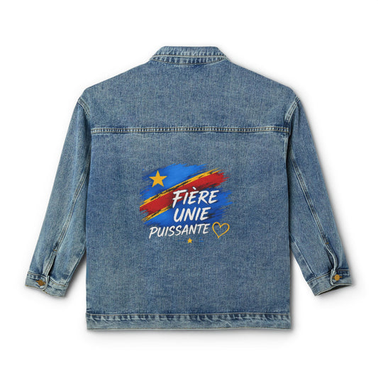 Women's Denim Jacket — "Fière Unie Puissante" Back Graphic (DR Congo Flag Brushstroke)