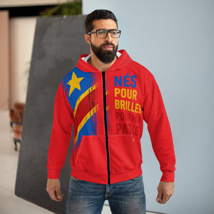 DR Congo Flag Zip Hoodie – "Nés pour briller pour ma patrie" Patriotic Red Hoodie