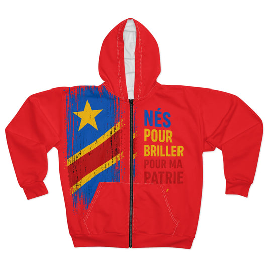DR Congo Flag Zip Hoodie – "Nés pour briller pour ma patrie" Patriotic Red Hoodie