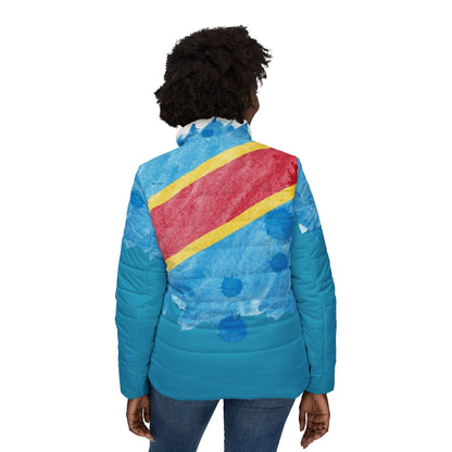DR Congo Flag Watercolor Women’s Puffer Jacket — African Pride Winter Coat