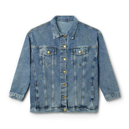 Women's Denim Jacket — "Fière Unie Puissante" Back Graphic (DR Congo Flag Brushstroke)