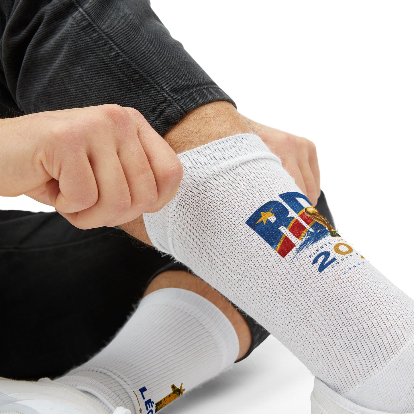 Custom Sublimation Socks — White Crew Socks with 'RDC 2026' Color Logo