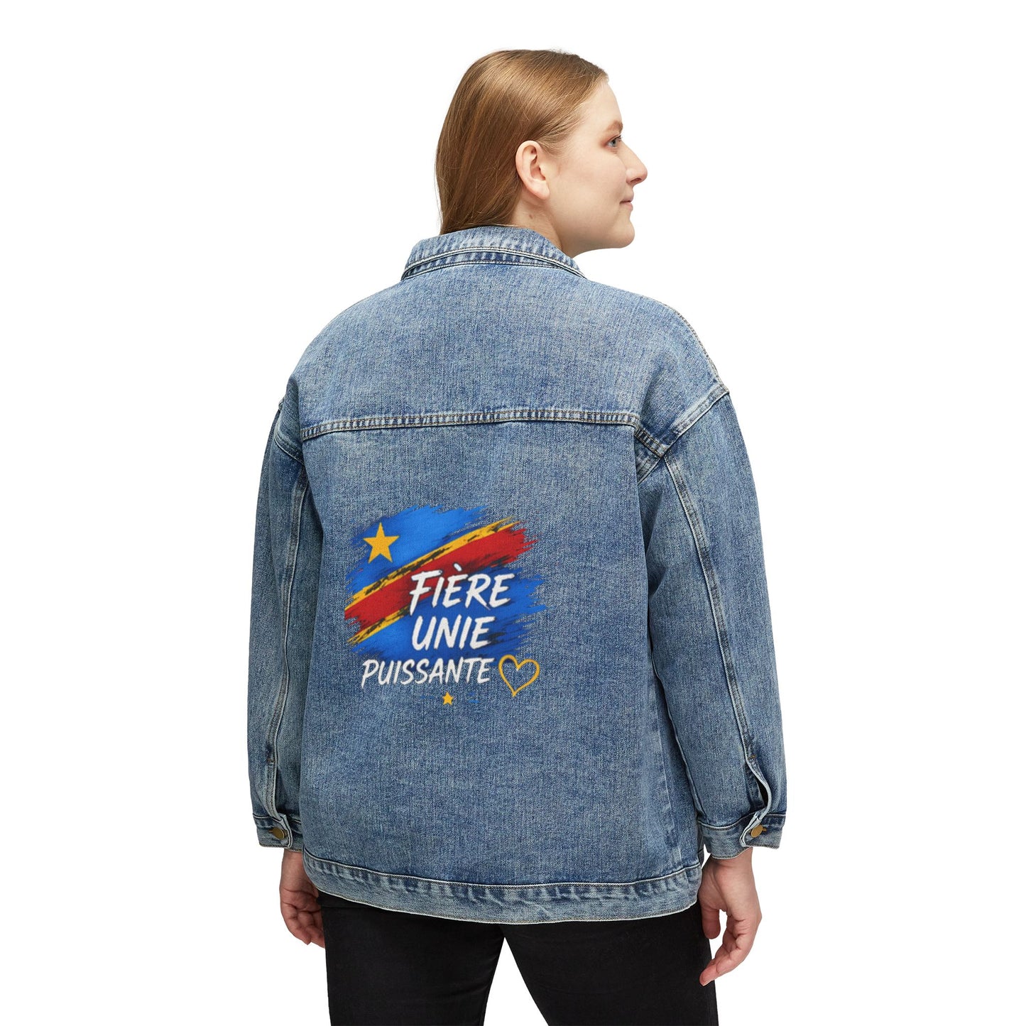 Women's Denim Jacket — "Fière Unie Puissante" Back Graphic (DR Congo Flag Brushstroke)