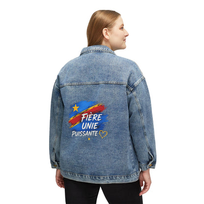 Women's Denim Jacket — "Fière Unie Puissante" Back Graphic (DR Congo Flag Brushstroke)