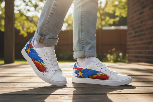 Men's Low-Top Sneakers — Red, Blue & Yellow Star Brushstroke Leather Sneakers