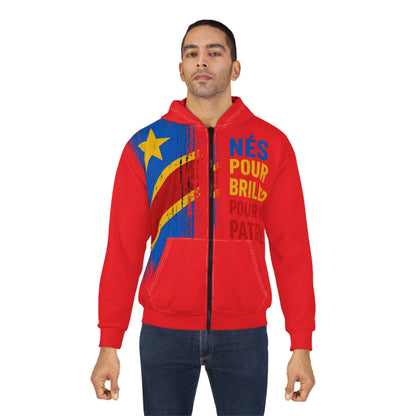 DR Congo Flag Zip Hoodie – "Nés pour briller pour ma patrie" Patriotic Red Hoodie