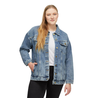 Women's Denim Jacket — "Fière Unie Puissante" Back Graphic (DR Congo Flag Brushstroke)