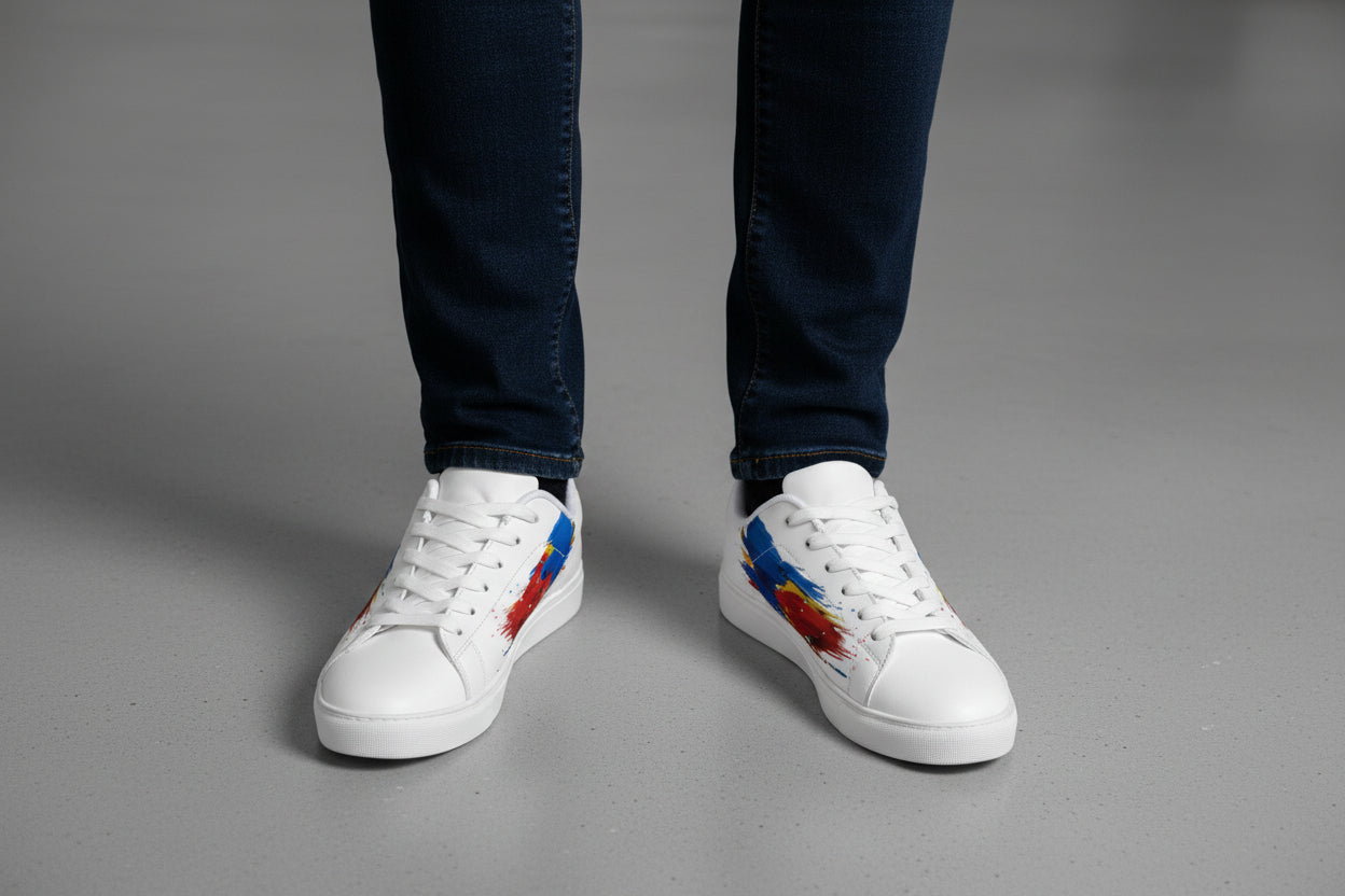 Men's Low-Top Sneakers — Red, Blue & Yellow Star Brushstroke Leather Sneakers
