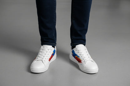 Men's Low-Top Sneakers — Red, Blue & Yellow Star Brushstroke Leather Sneakers