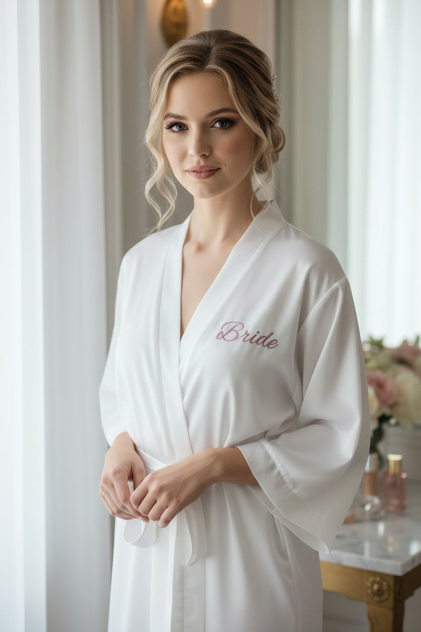 Personalized Bride Robe — Satin Kimono Robe with Embroidered Name | Conroe, TX Bridal Boutique