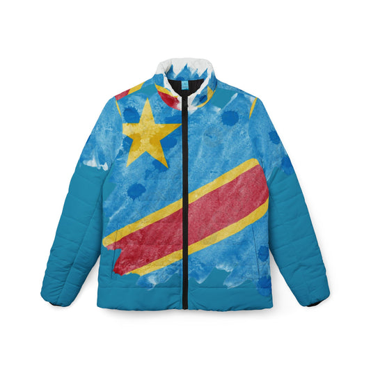 DR Congo Flag Watercolor Women’s Puffer Jacket — African Pride Winter Coat