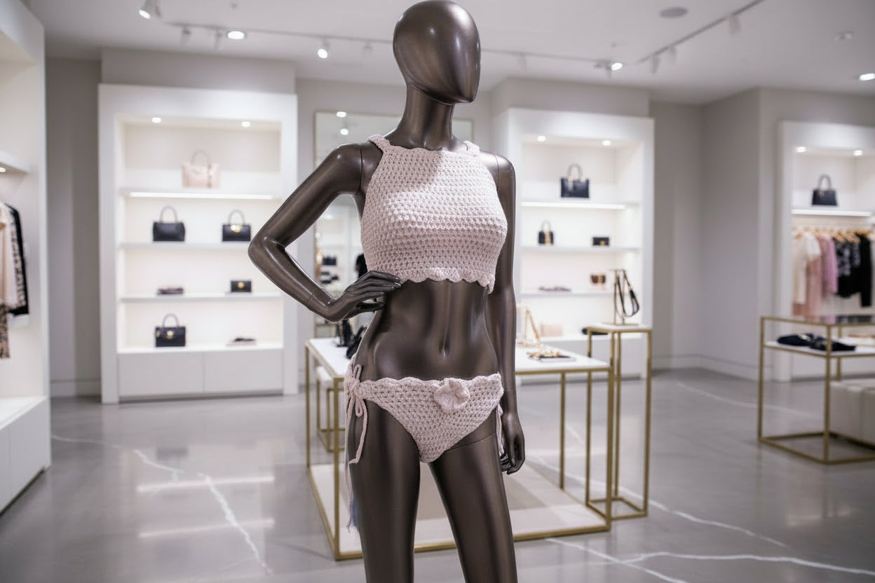 3-Piece Crochet Swimsuit Set with Pareo – Handmade Bikini Set – Luxury Beachwear | Comme à Paris