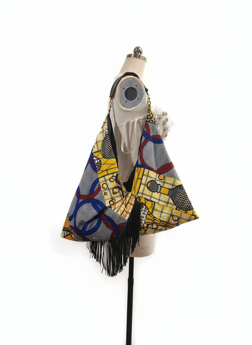 African Print Hobo Tote Bag with Leather Strap & Fringe Detail