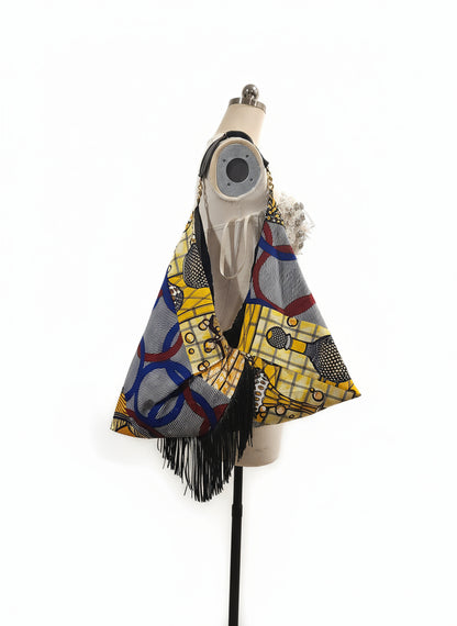 African Print Hobo Tote Bag with Leather Strap & Fringe Detail