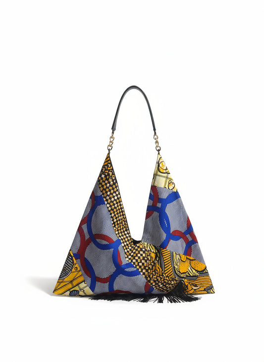 African Print Hobo Tote Bag with Leather Strap & Fringe Detail