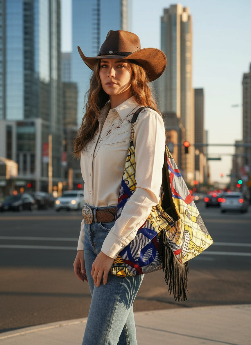 African Print Hobo Tote Bag with Leather Strap & Fringe Detail