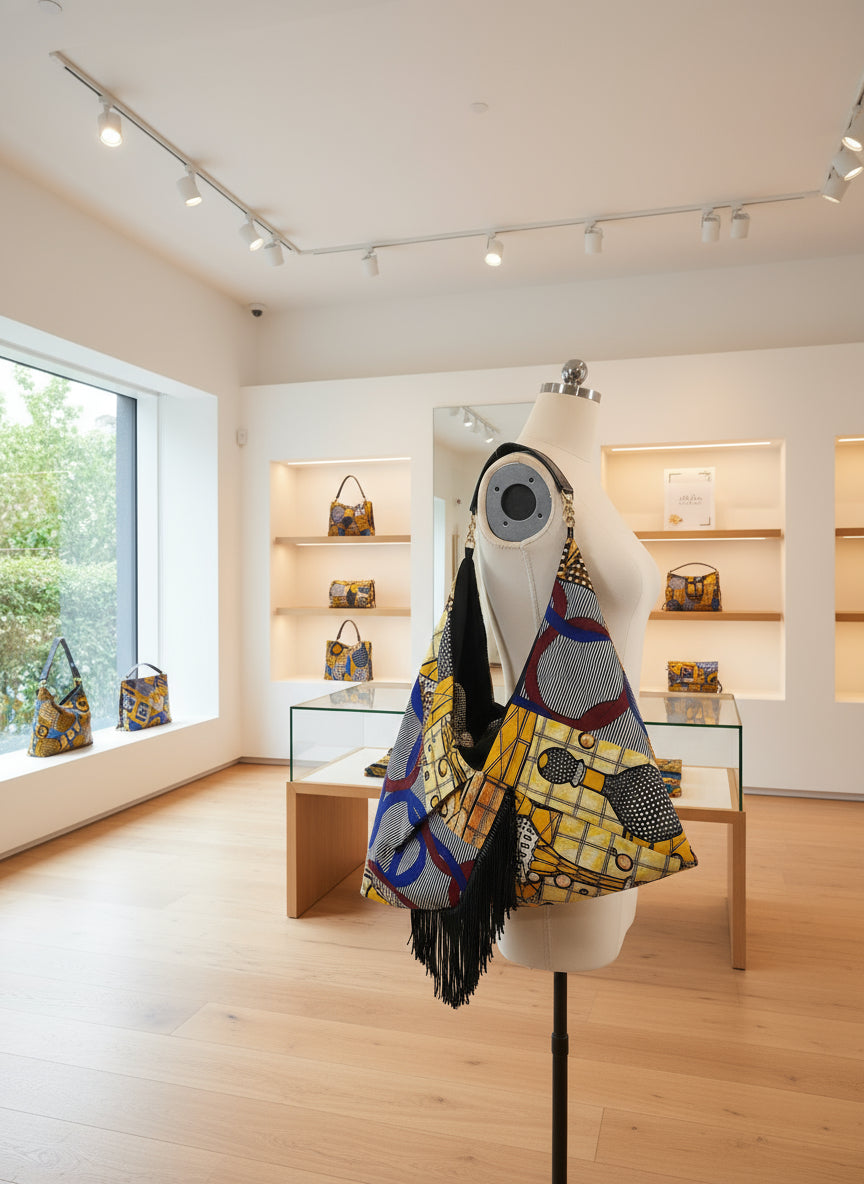 African Print Hobo Tote Bag with Leather Strap & Fringe Detail